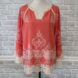 Joh Tunic Lace Edge Blouse Top Women L/XL NEW Pink Feminine Boho Cottagecore